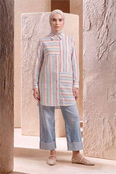 Çizgili Asimetrik Blok Detaylı Düğmeli Uzun Kollu Oversize Gömlek Tunik 90 cm Boy Oranj 26YT490