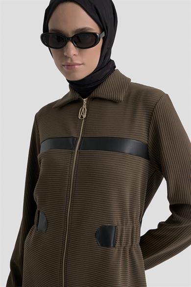 Deri Detaylı Fitilli Pantolonlu İkili Takım Koyu Kahve 25KT649