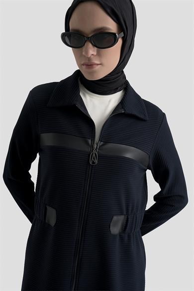 Deri Detaylı Fitilli Pantolonlu İkili Takım Koyu Lacivert 25KT649