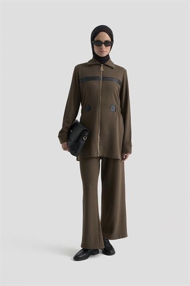 Deri Detaylı Fitilli Pantolonlu İkili Takım Koyu Kahve 25KT649