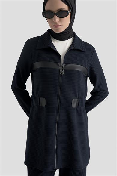 Deri Detaylı Fitilli Pantolonlu İkili Takım Koyu Lacivert 25KT649