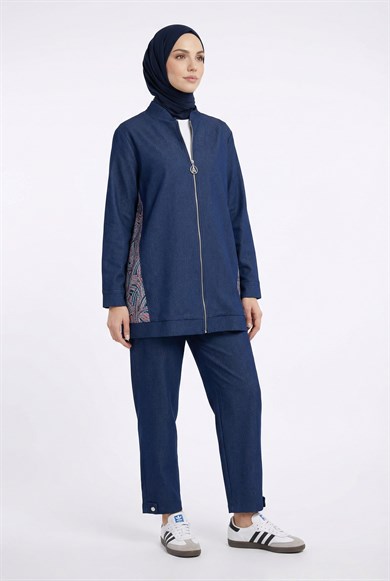 Desenli Denim Ceketli Pantolonlu İkili Takım Lacivert 26YT631