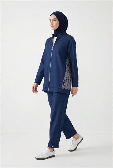 Desenli Denim Ceketli Pantolonlu İkili Takım Lacivert 26YT631