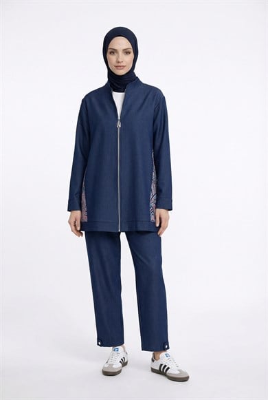 Desenli Denim Ceketli Pantolonlu İkili Takım Lacivert 26YT631