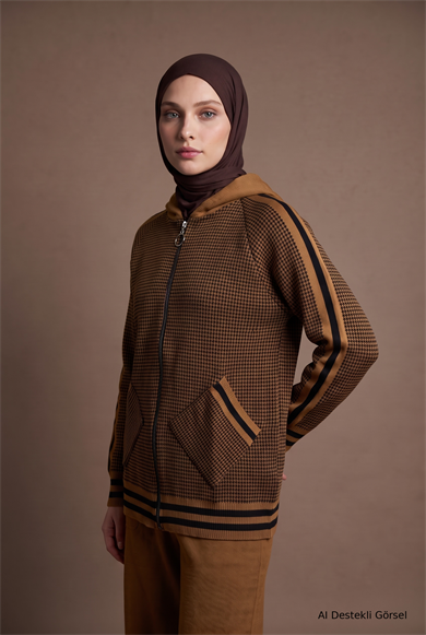 Desenli Kapüşonlu Fermuarlı Cep Detaylı Hırka Bisküvi 22KD4237 