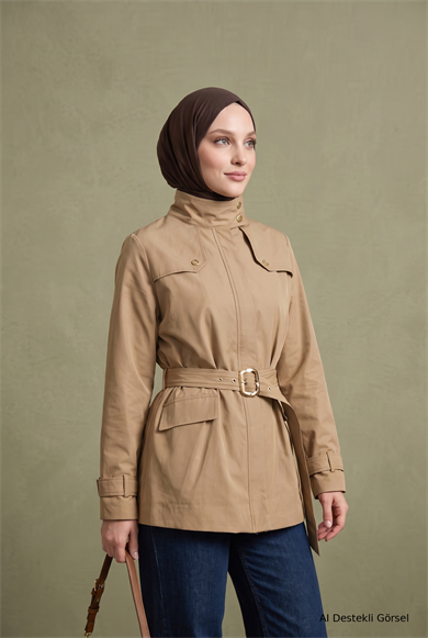 Dik Yaka Tam Boy Fermuarlı Belden Kemerli Ceket 76 Cm Boy Camel  26KA513