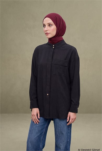 Dik Yaka Uzun Form Cep Detaylı Tunik 81 Cm Boy Siyah 26KT434