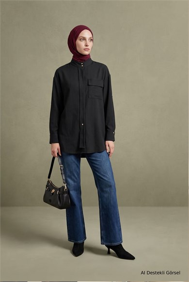 Dik Yaka Uzun Form Cep Detaylı Tunik 81 Cm Boy Siyah 26KT434