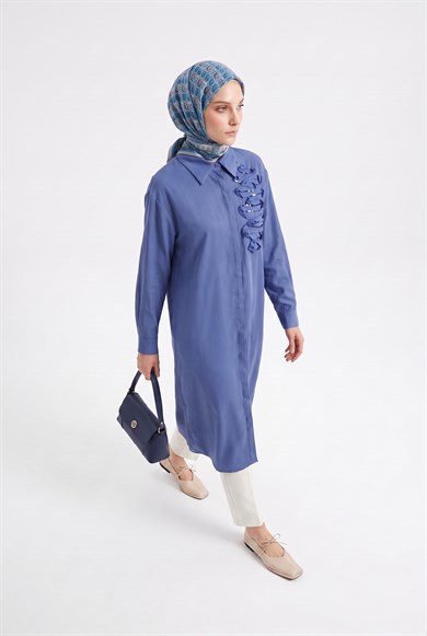 Gizli Patlı Tam Boy Düğmeli Gömlek Yaka 120 cm Boy Tunik İndigo 26YT417