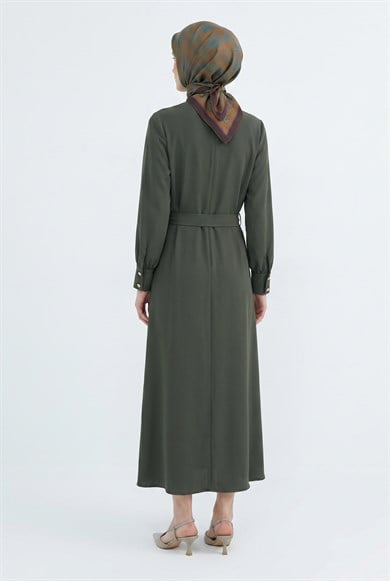 Drape Detaylı Belden Kuşaklı Elbise Haki 26YT904