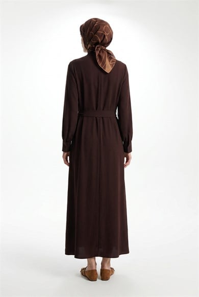 Drape Detaylı Belden Kuşaklı Elbise Kahverengi 26YT904