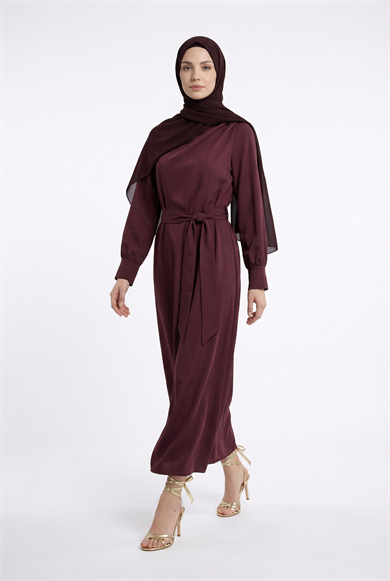 Drape Detaylı Belden Kuşaklı Elbise Mürdüm 26YT904