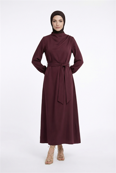 Drape Detaylı Belden Kuşaklı Elbise Mürdüm 26YT904