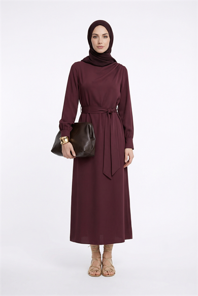 Drape Detaylı Belden Kuşaklı Elbise Mürdüm 26YT904