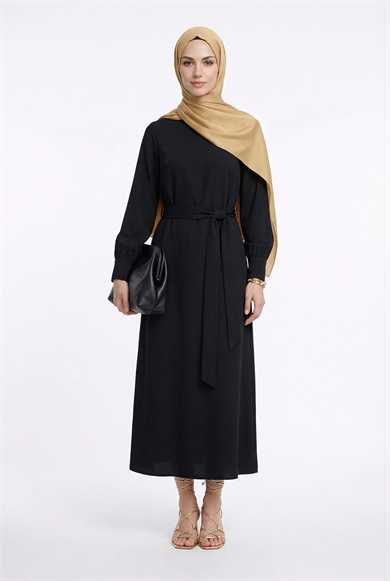 Drape Detaylı Belden Kuşaklı Elbise Siyah 26YT904