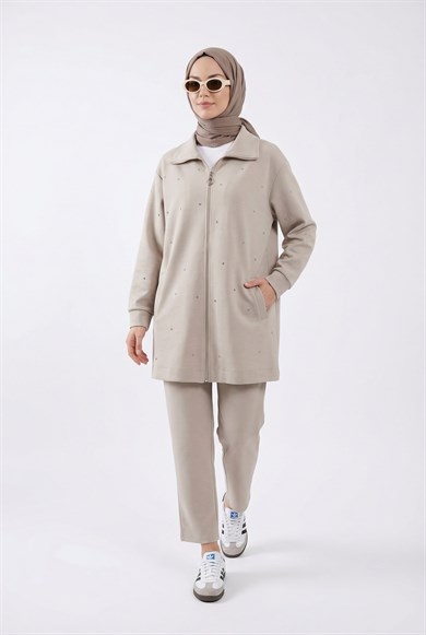 Drop Detaylı Fermuarlı Örme Pantolonlu İkili Takım Bej 25KT685