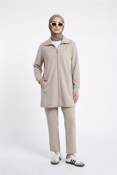 Drop Detaylı Fermuarlı Örme Pantolonlu İkili Takım Bej 25KT685
