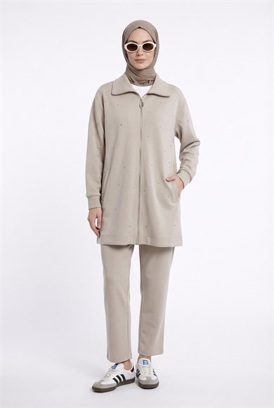 Drop Detaylı Fermuarlı Örme Pantolonlu İkili Takım Bej 25KT685