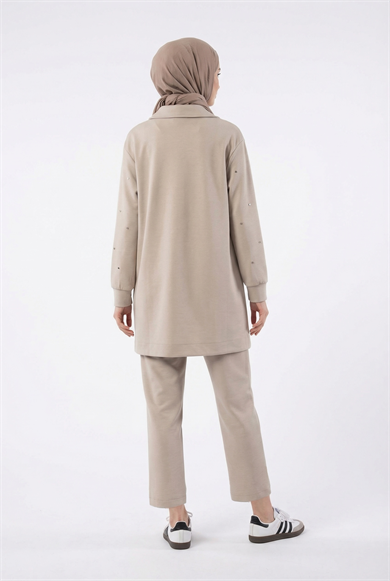 Drop Detaylı Fermuarlı Örme Pantolonlu İkili Takım Bej 25KT685