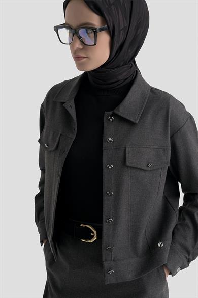 Düğmeli Cep Detaylı Gömlek Yaka Etekli İkili Takımı Antrasit 25KT6111