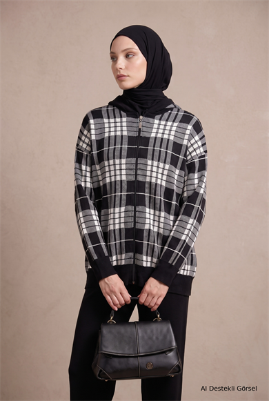 Ekose Desenli Fermuarlı Kapüşonlu Hırka Siyah 22KD4216 