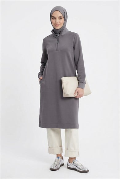 Fermuar Detaylı Basic Tunik Gri