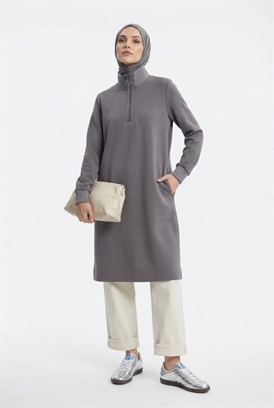 Fermuar Detaylı Basic Tunik Gri