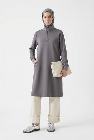 Fermuar Detaylı Basic Tunik Gri