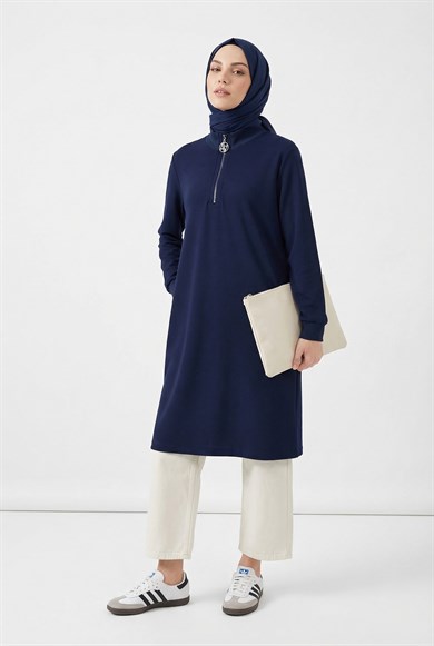 Fermuar Detaylı Basic Tunik Lacivert
