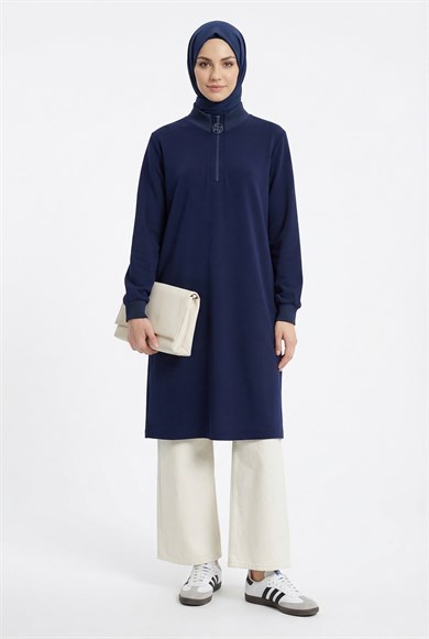 Fermuar Detaylı Basic Tunik Lacivert