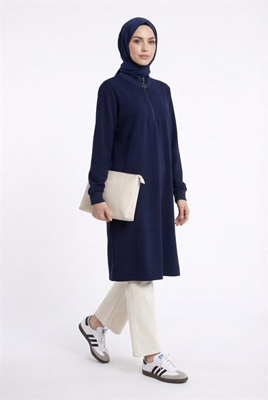 Fermuar Detaylı Basic Tunik Lacivert