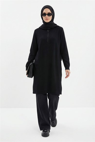 Fermuar Detaylı Basic Tunik Siyah