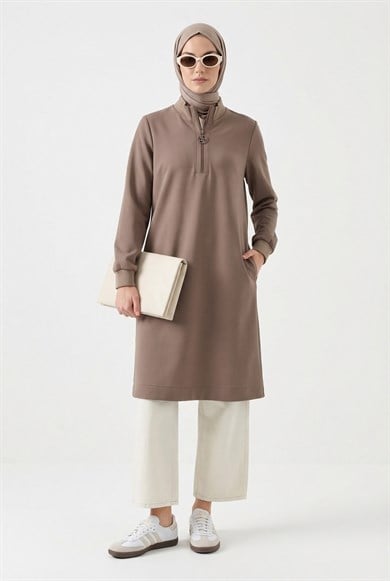 Fermuar Detaylı Basic Tunik Vizon