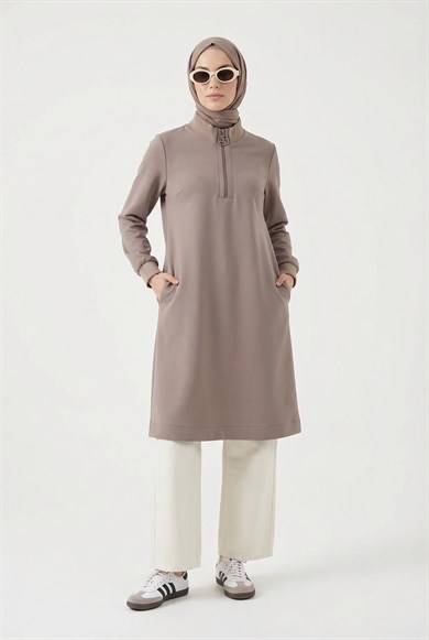 Fermuar Detaylı Basic Tunik Vizon