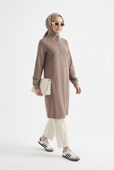 Fermuar Detaylı Basic Tunik Vizon