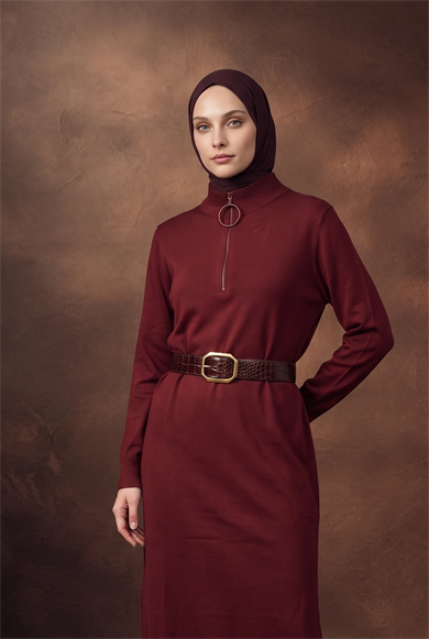 Fermuar Detaylı Dik Yaka Uzun Kollu Modern Şık ve Günlük Tunik Bordo 25KTD4113