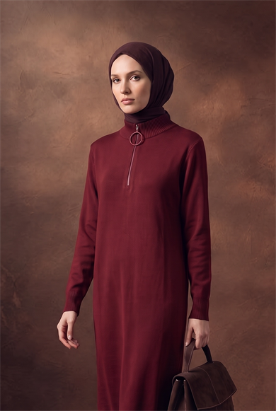 Fermuar Detaylı Dik Yaka Uzun Kollu Modern Şık ve Günlük Tunik Bordo 25KTD4113