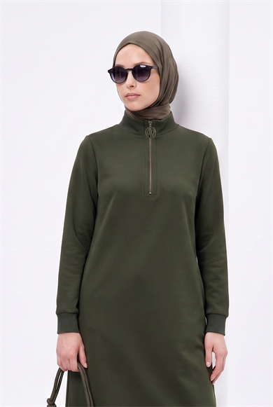 Fermuar Detaylı Uzun Basic Tunik Küf Yeşili AGTN1412