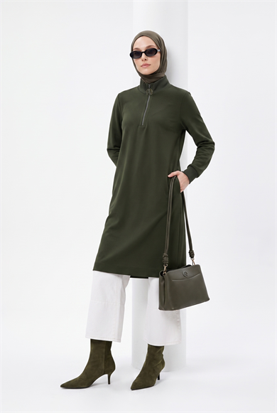 Fermuar Detaylı Uzun Basic Tunik Küf Yeşili AGTN1412