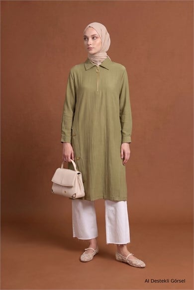 Fermuar Detaylı Yakalı Uzun Tunik Yan Düğme Detaylı Rahat Kesim Tesettür Tunik 111 Cm Boy Küf Yeşili 26YT447