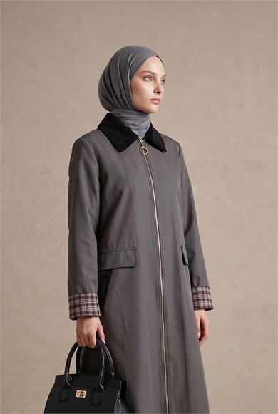 Fermuarlı Kontrast Yaka Cep Detaylı Uzun Kap 111 Cm Boy Duman 26KT511