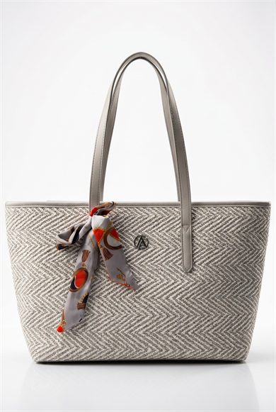 Fular Detaylı Plaj ve Şehir Çantası Gri Hasır ARM184