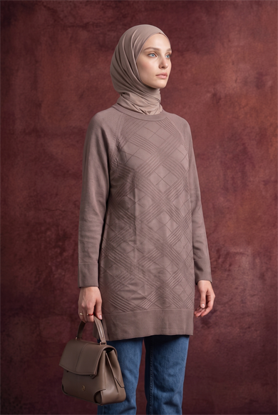 Geometrik Desenli Bisiklet Yaka Uzun Kollu Rahat Kesim Tunik Mocha 26KTD411