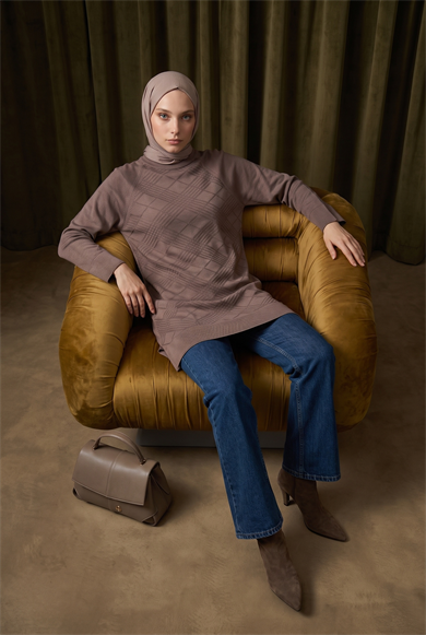 Geometrik Desenli Bisiklet Yaka Uzun Kollu Rahat Kesim Tunik Mocha 26KTD411