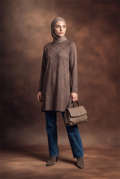 Geometrik Desenli Bisiklet Yaka Uzun Kollu Rahat Kesim Tunik Mocha 26KTD411