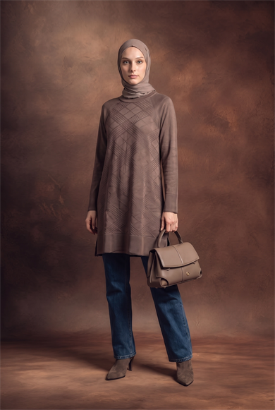 Geometrik Desenli Bisiklet Yaka Uzun Kollu Rahat Kesim Tunik Mocha 26KTD411