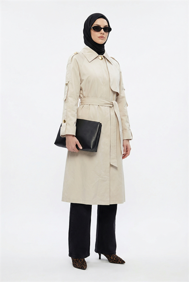 Gizli Düğmeli Belden Kuşaklı Kolu Toka Detaylı Trençkot Taş 26YT701