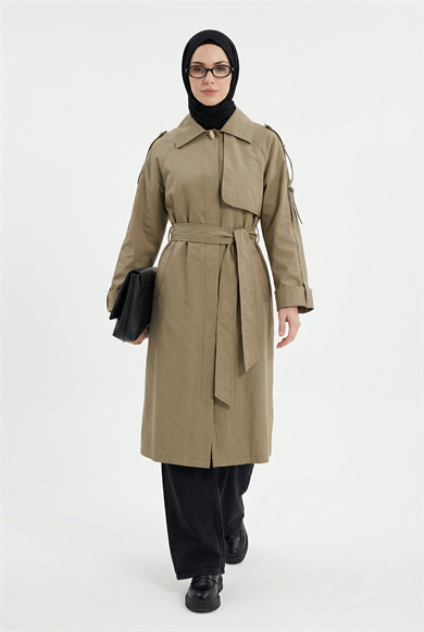 Gizli Düğmeli Belden Kuşaklı Kolu Toka Detaylı Trençkot Haki 26YT701