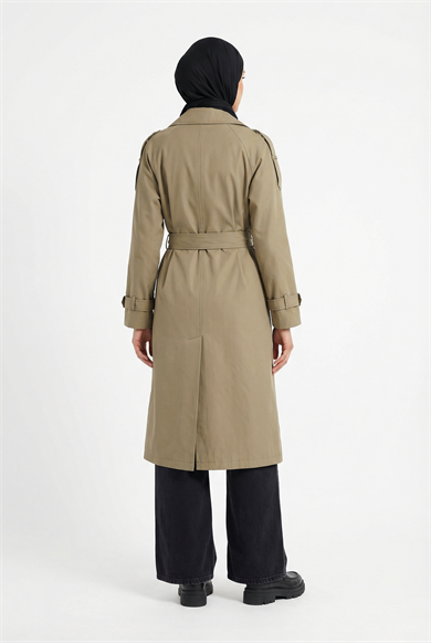 Gizli Düğmeli Belden Kuşaklı Kolu Toka Detaylı Trençkot Haki 26YT701