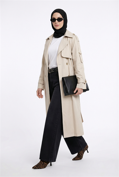 Gizli Düğmeli Belden Kuşaklı Kolu Toka Detaylı Trençkot Taş 26YT701